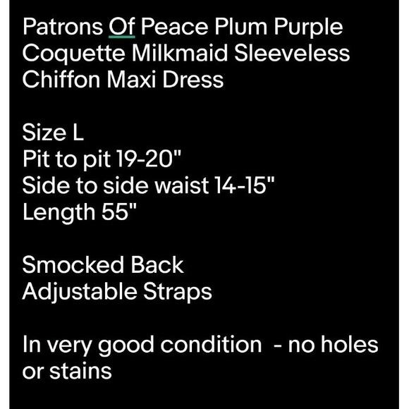 Patrons Of Peace Plum Purple Coquette Milkmaid Sleeveless Chiffon Maxi Dress L - Picture 8 of 8